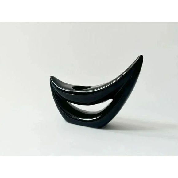Awesome Postmodern Crescent Moon MCM Retro Black Glazed Ceramic Candle Holder - Picture 2 of 9